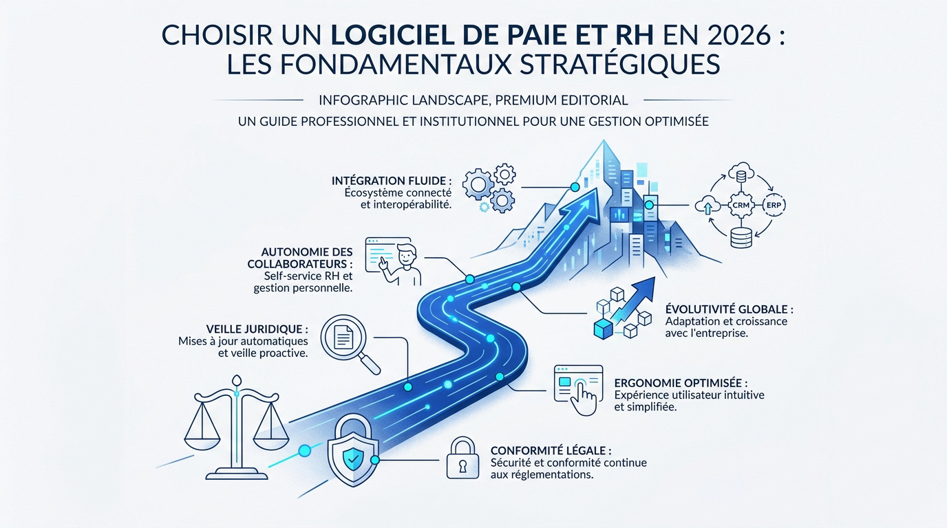 Interface moderne d'un logiciel de paie et RH en 2026 montrant des tableaux de bord analytiques